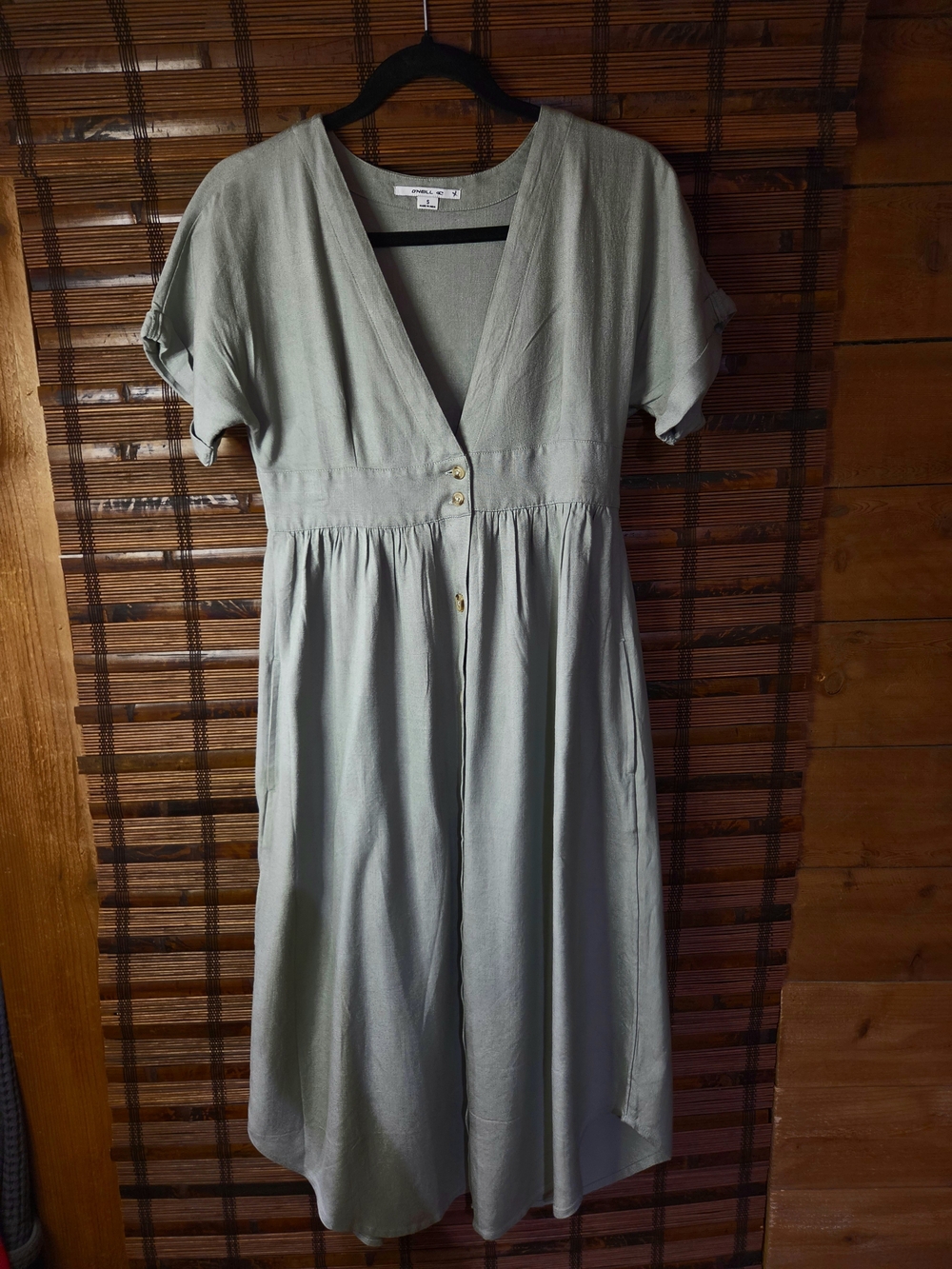 O’Neill Sage Green Midi Dress Button Front V Neck Short Sleeve M with Pockets